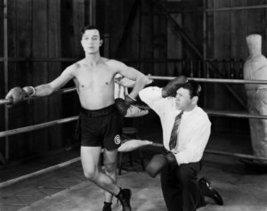 Buster Keaton in the boxing ring, impersonating Boxing Butler